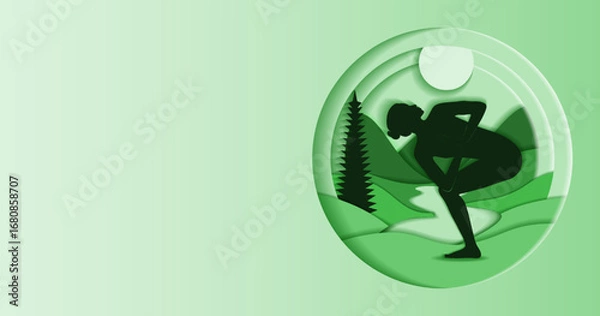 Fototapeta Horizontal template. Parivritta Utkatasana yoga pose. Revolved Chair pose. Paper cut design. Isolated vector illustration.