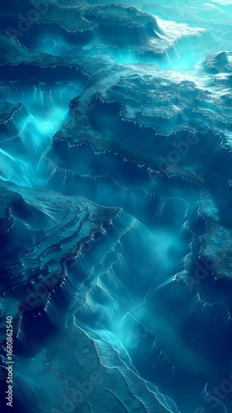 Fototapeta Abstract blue terrain resembling underwater cliffs with glowing light effects, futuristic digital landscape ideal for wallpaper, poster, or modern design projects.
