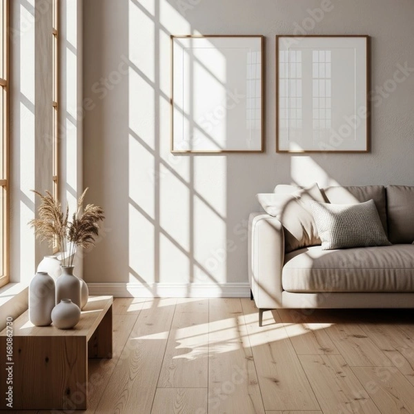 Obraz Two mockup poster frames in a sunlit minimalist living room interior with neutral tones, natural textures, and modern Scandinavian decor style