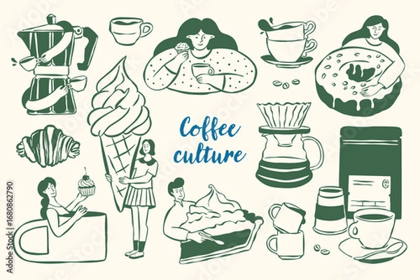 Obraz Coffee and dessert doodles. Hand-drawn sketch style funny characters. Art for greeting cards, wedding invitations, poster design, postcards, branding, logo design, wallpapers.	