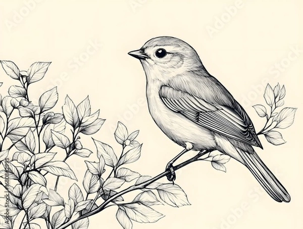Fototapeta Elegant monochrome illust n of a small bird perched gracefully on a leafy branch showcasing intricate details and natural beauty