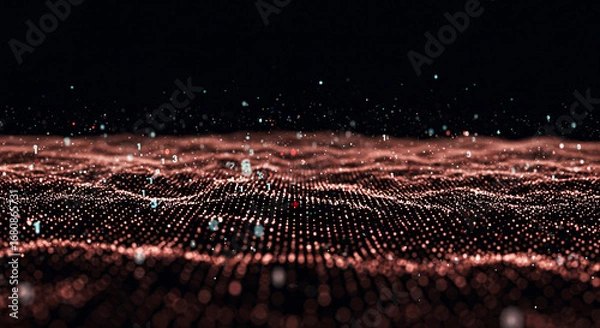 Fototapeta Abstract digital landscape with glowing particles and floating numbers on a dark background visible