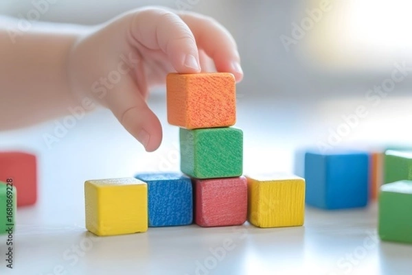 Fototapeta child's hand grasping colorful toy block, clean white surface, playful and clear layout 
