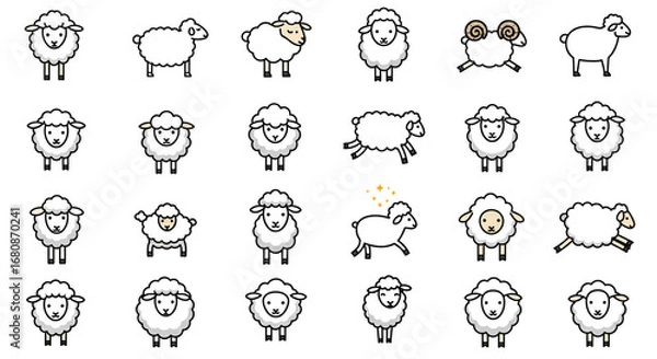 Fototapeta Collection of twenty four cartoon sheep in various poses on a white background in a vector format