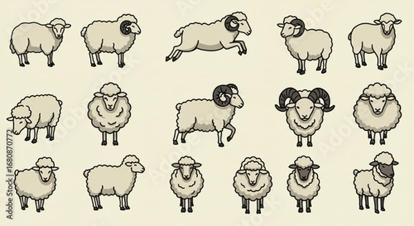 Fototapeta A collection of cartoon sheep in various poses and designs against a light beige background illustration