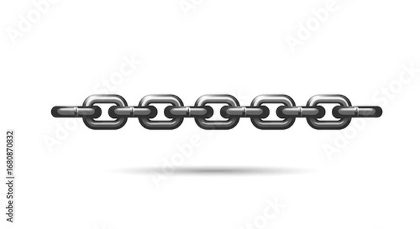 Fototapeta A metallic chain with five links connected horizontally isolated on a white background with a subtle shadow