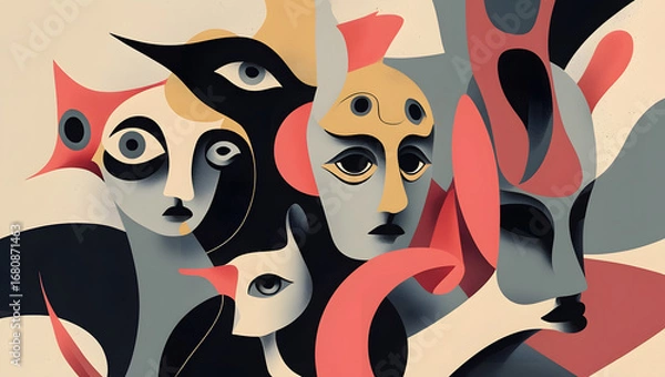 Fototapeta Abstract Modern Art Print:  Stylish Faces and Forms in Muted Tones, Elegant and Mysterious Mood.