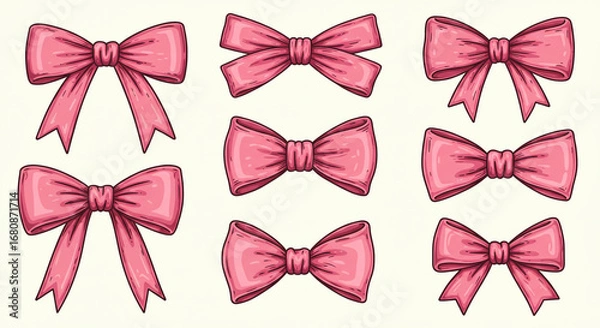 Fototapeta Nine pink bows arranged in a grid pattern with varying shapes and styles on a light background plain surface