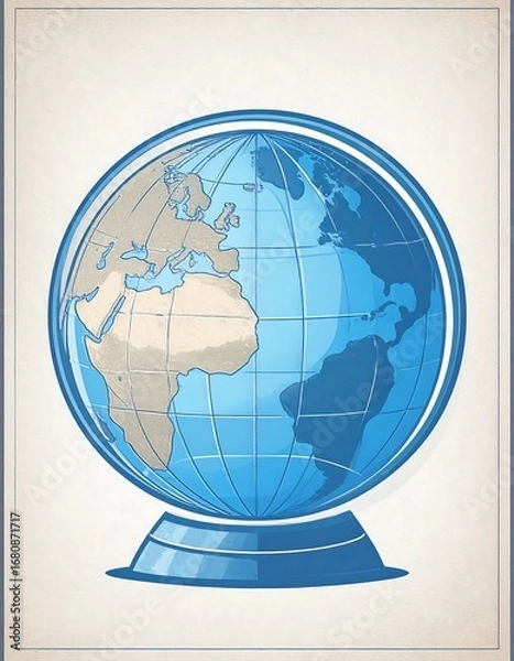 Fototapeta A stylized, vintage-inspired illustration of a globe, showcasing continents in muted tones of light blue and beige, sits on a simple, light-blue base, creating a peaceful and educational graphic.