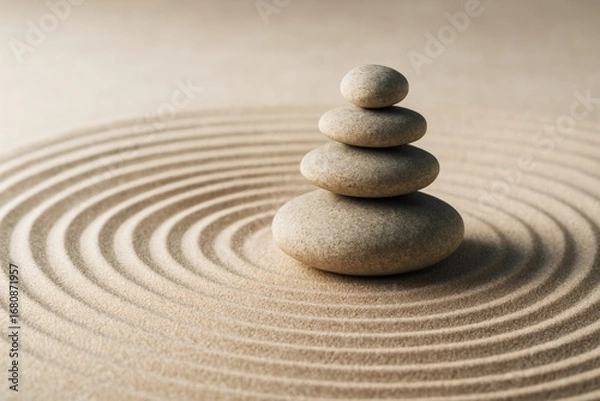 Fototapeta Zen-inspired stone stack on concentric sand circles with soft light and minimal background, expressing calmness, balance, and abstract harmony. Ai generative