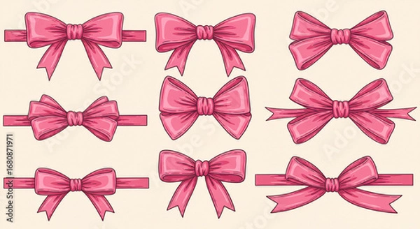 Fototapeta A collection of nine pink ribbon bows with different designs arranged on a light background surface