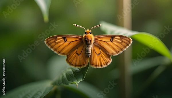 Fototapeta Golden Moth on Green Leaf: Macro Photography, Serene Nature Image