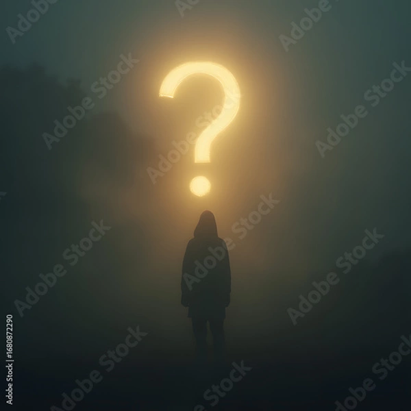 Fototapeta Mysterious Figure in Fog, Illuminated by Glowing Question Mark, Uncertain Future, Hopeful Ambiguity, Digital Art.