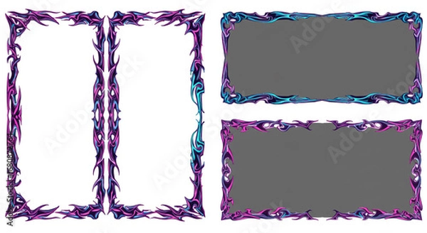 Fototapeta A collection of four ornate frames with swirling designs in shades of purple and teal on white and gray