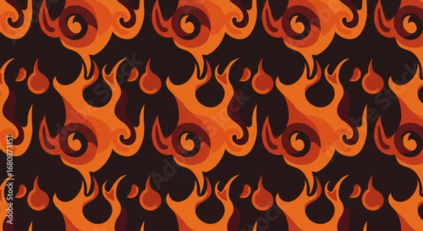 Fototapeta A repeating pattern of stylized orange flames with dark brown accents on a dark brown background