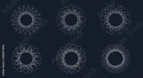 Fototapeta Six circular designs made of white dots and lines on a dark background arranged in two rows