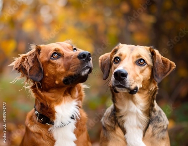 Fototapeta Two attentive dogs, with expressive eyes, look upwards in an autumnal setting.
