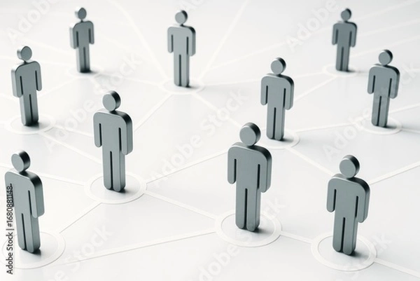 Fototapeta Abstract network of human figures connected by lines on light background symbolizing digital social communication and technology concept.