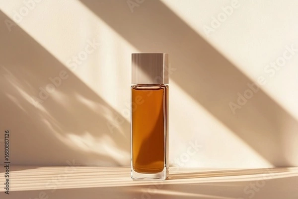 Fototapeta Perfume bottle with amber liquid in clear glass standing on beige surface with contemporary sunlight and shadow design. Minimal luxury product concept