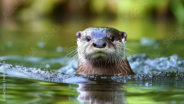 Fototapeta stunning portrait of an otter swimming in the river,  with a green background