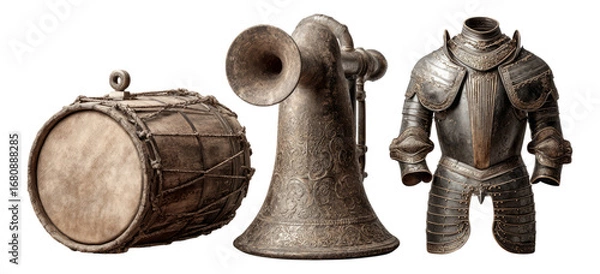 Fototapeta Vintage Musical Instruments and Antique Armor Isolated on Transparent Background