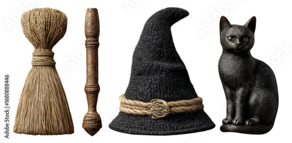Fototapeta Isolated Witch Accessories with Black Cat on Transparent Background