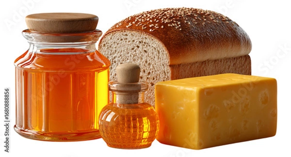 Fototapeta Fresh Bread with Cheese and Honey on Isolated Transparent Background