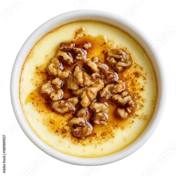 Fototapeta  Bowl of custard with caramel and walnuts [Transparent Background PNG].