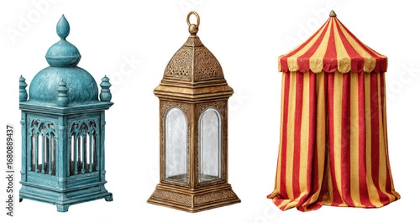 Fototapeta Detailed Decorative Lanterns and Tent with Striped Fabric Design