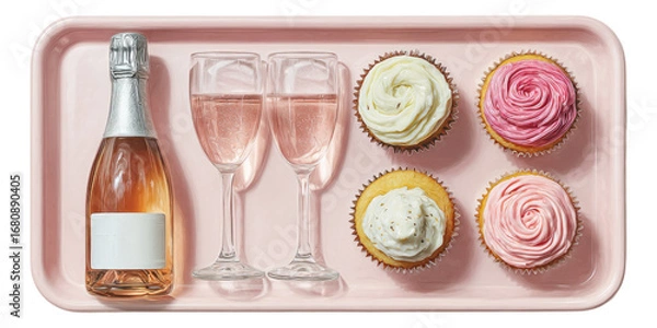 Fototapeta Elegant Tray with Sparkling Drink and Colorful Cupcakes