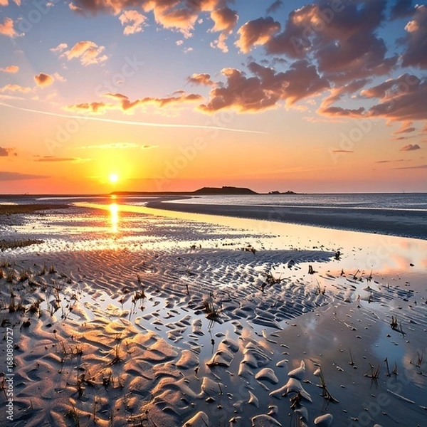 Fototapeta A serene sunset paints the tranquil beach at golden hour, showcasing intricate patterns in the wet sand.