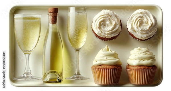 Fototapeta Glasses of Champagne and Cupcakes on Serving Tray Isolated Image