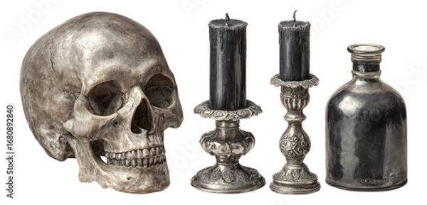 Fototapeta Silver Skull and Candles with Dark Wax on Isolated Transparent Background