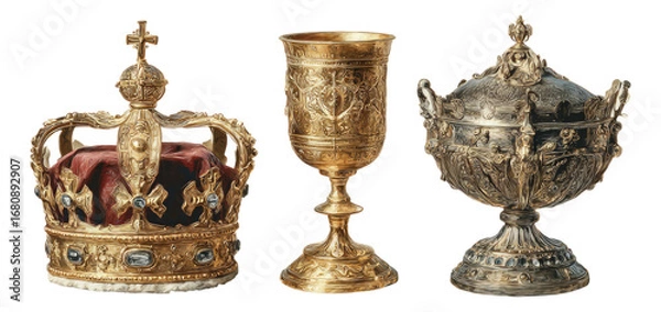 Fototapeta Ornate Crown, Goblet, and Bowl with Detailed Craftsmanship and Design