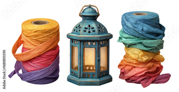 Fototapeta Colorful Threads and Lantern on Isolated Transparent Background