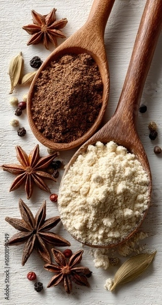 Fototapeta Wooden spoons with dark cocoa powder and light-colored spice blend, surrounded by star anise, peppercorns, and cardamom