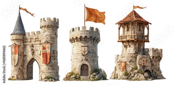 Fototapeta Isolated Medieval Castle Towers with Flags on Transparent Background