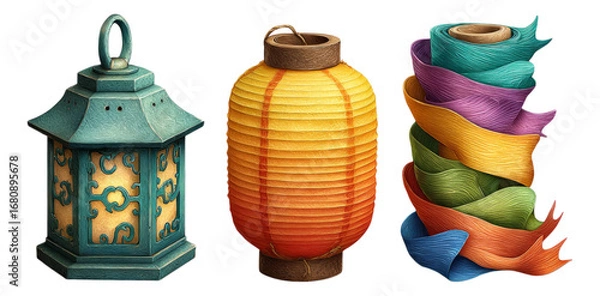 Fototapeta Colorful Lantern and Twisted Ribbons on Isolated Transparent Background