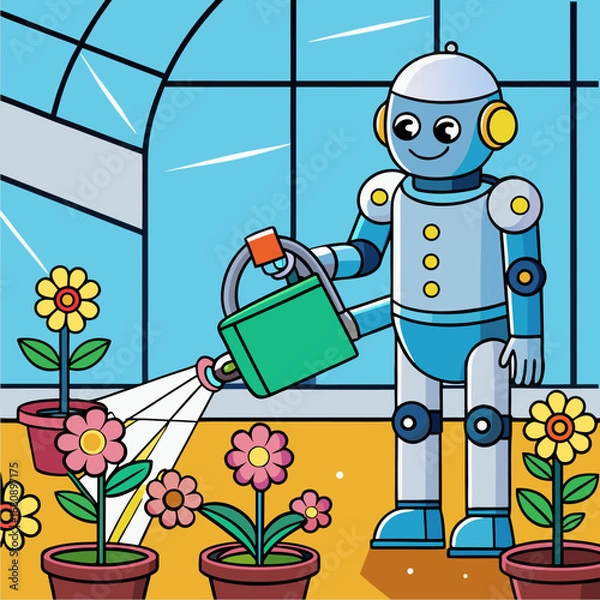 Fototapeta Friendly robot gardener with mechanical arms