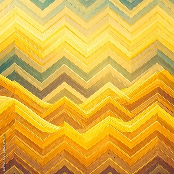 Fototapeta A mesmerizing pattern of layered chevron shapes in warm yellow, gold, and muted gray tones creates a textured, three-dimensional effect.