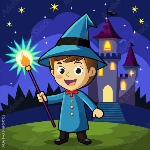 Fototapeta Cheerful little wizard boy holding a glowing staff