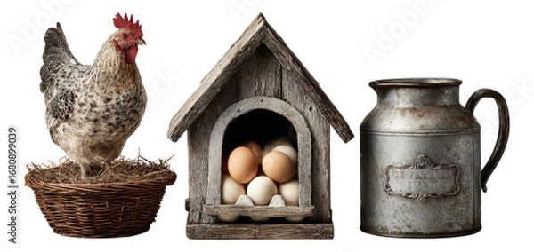 Fototapeta Chicken and Eggs with Rustic Chicken Coop and Old Milk Can