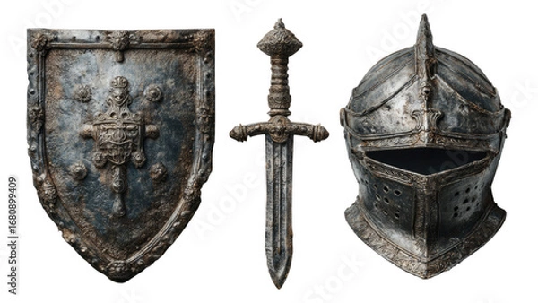 Fototapeta Detailed Medieval Armor Set with Sword and Shield on Transparent Background