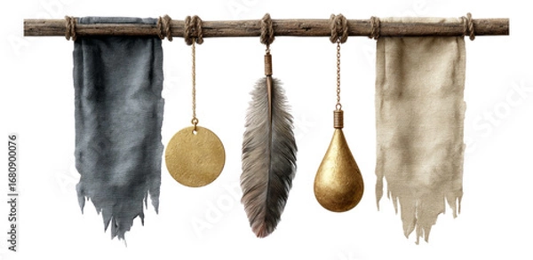 Fototapeta Hanging Textiles with Feathers and Decorative Elements Isolated Image