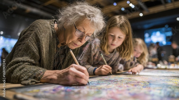 Fototapeta Three generations share creativity and joy while coloring intricate mandalas