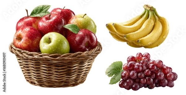 Fototapeta Fresh Fruit Arrangement in Basket with Isolated Bananas and Grapes