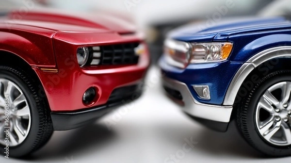 Fototapeta Red & blue vehicles face each other, close up, on a white surface, macro detail