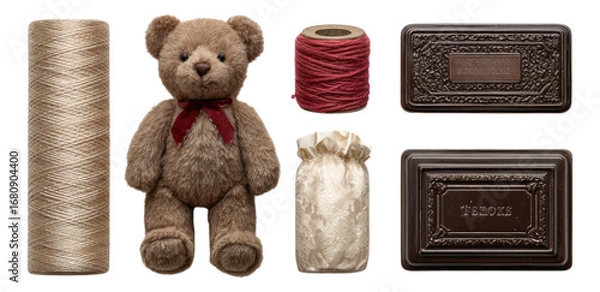 Fototapeta Cute Bear, Thread, and Decorative Boxes on Transparent Background