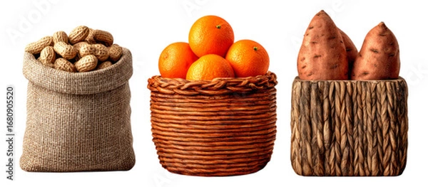 Fototapeta Fresh Produce in Rustic Baskets with Peanuts, Oranges, and Yams