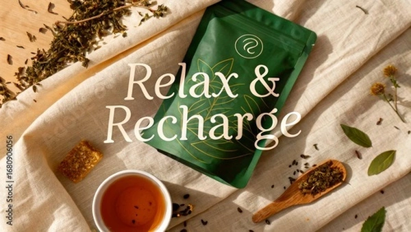 Fototapeta Enjoy herbal tea while taking a moment to relax and recharge in a cozy setting with natural elements